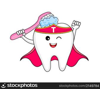 Cute cartoon super hero tooth with toothbrush. Character design, dental care concept. Vector illustration.