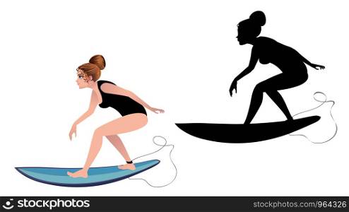 Cute cartoon surfing girl with black silhouette design.