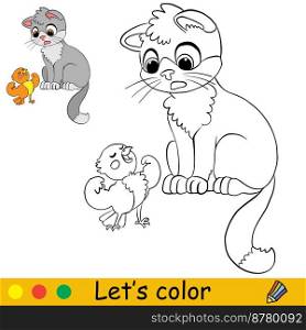 Cute cartoon surprised kitten and brave bird. Coloring book page with color template for children. Vector cartoon illustration isolated on white background. For coloring book, education, print, game.. Cute surprised kitten and brave bird coloring with template