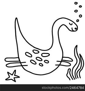 Cute cartoon swimming dinosaur. White and black vector illustration for coloring book. Decor element for kids products.. Cute cartoon swimming dinosaur. White and black vector illustration for coloring book. Decor element for kids products. Vector.