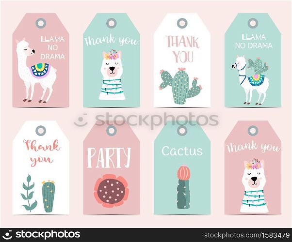 Cute cartoon tag with llama, alpaca, cactus with Thank you, llama no drama wording