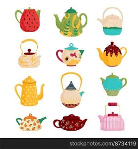 Cute cartoon teapots. Isolated teapot collection, pitcher for tea. Kitchen decorative kettle, household elements. Vintage kitchenware classy vector set of teapot and kettle, hot utensil. Cute cartoon teapots. Isolated teapot collection, pitcher for tea. Kitchen decorative kettle, household elements. Vintage kitchenware classy vector set