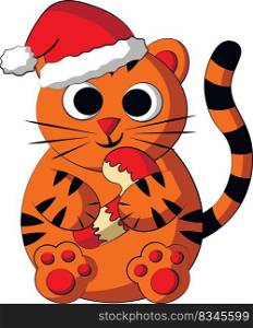 Cute cartoon Tiger in christmas hat with candy cane. Draw illustration in color