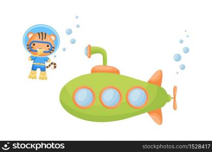 Cute cartoon tiger in diving suit swim underwater near submarine. Design of t-shirt, album, card, invitation. Flat vector illustration isolated on white background.