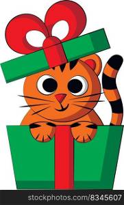 Cute cartoon Tiger in gift box. Draw illustration in color
