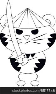 Cute cartoon Tiger Samurai. Draw illustration in black and white