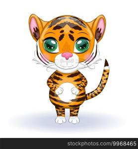 Cute cartoon tiger with beautiful eyes, bright, orange among flowers, hearts, greeting card. Illustrations for Chinese New Year 2022, year of the Tiger. Lunar new year 2022.. Illustrations for Chinese New Year 2022, year of the Tiger. Lunar new year 2022.