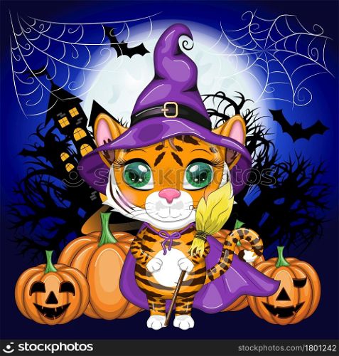 Cute cartoon tiger with beautiful eyes, orange in a purple cloak and witch&rsquo;s broom, with a broom and pumpkins. Halloween 2022.. Cute cartoon tiger with beautiful eyes, orange in a purple cloak and witch&rsquo;s hat, with a broom and pumpkins. Halloween
