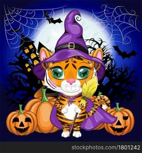 Cute cartoon tiger with beautiful eyes, orange in a purple cloak and witch&rsquo;s broom, with a broom and pumpkins. Halloween 2022.. Cute cartoon tiger with beautiful eyes, orange in a purple cloak and witch&rsquo;s hat, with a broom and pumpkins. Halloween