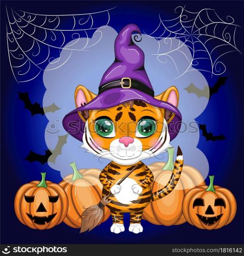 Cute cartoon tiger with beautiful eyes, orange in a purple hat with a broom and pumpkins. Halloween 2022.. Cute cartoon tiger with beautiful eyes, orange in a purple cloak and witch&rsquo;s hat, with a broom and pumpkins. Halloween