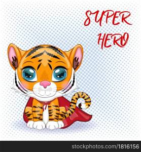 Cute cartoon tiger with beautiful eyes, orange in a red cloak, super hero.. Cute cartoon tiger with beautiful eyes, orange in a red cloak, super hero