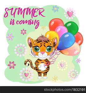 Cute cartoon tiger with beautiful eyes with balloons, greeting card. Summer is coming. Chinese New Year 2022, Christmas. Cute cartoon tiger with beautiful eyes with balloons, greeting card. Chinese New Year 2022, Christmas Year of the Tiger