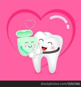 Cute cartoon tooth and dental floss in love. Dental care concept. Happy valentine&rsquo;s day. Illustration with background of heart.