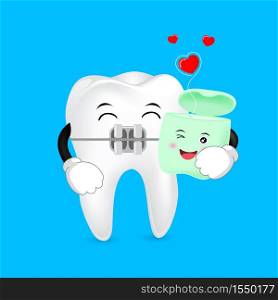 cute cartoon tooth brace with dental floss. Love forever. Dental care concept, illustration.