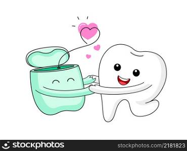 Cute cartoon tooth character and dental floss. I love floss, dental care concept. Vector Illustration.