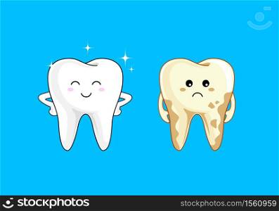 Cute cartoon tooth character, Bright and dirty tooth comparision. Dental care concept. Vector illustration isolated on blue background.