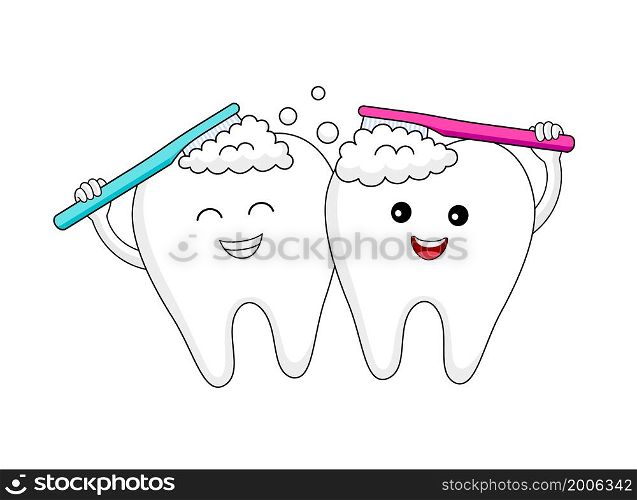 cute cartoon tooth character brushing together. Dental health care concept. Vector illustration.