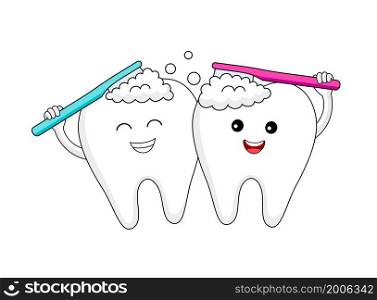 cute cartoon tooth character brushing together. Dental health care concept. Vector illustration.