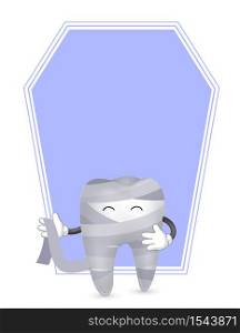 Cute cartoon tooth character. Mummy, happy Halloween concept with frame. Illustration isolated on white background.