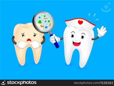cute cartoon tooth character take magnifying to check decay problem. Dental care concept, illustration isolated on blue background.
