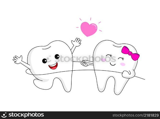 Cute cartoon tooth character using dental floss. I love floss, dental care concept. Vector Illustration.