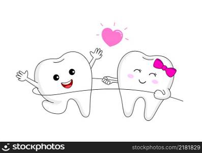 Cute cartoon tooth character using dental floss. I love floss, dental care concept. Vector Illustration.