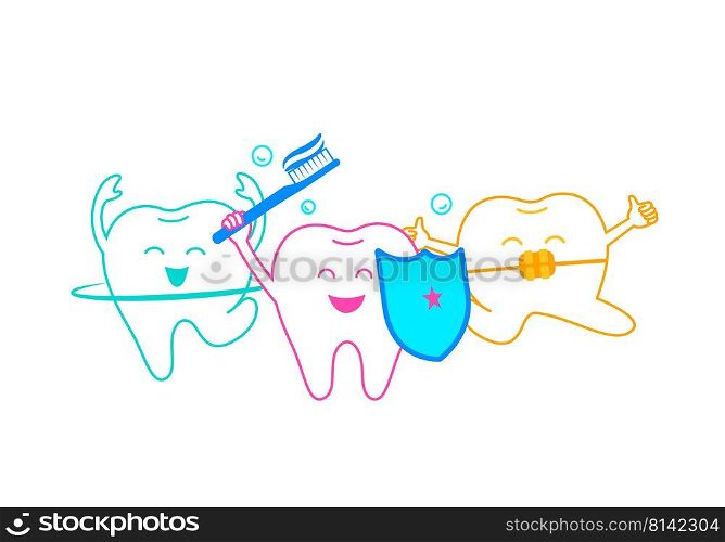 Cute cartoon tooth character with dental care equipment. Care  for your teeth concept. Vector illustration.