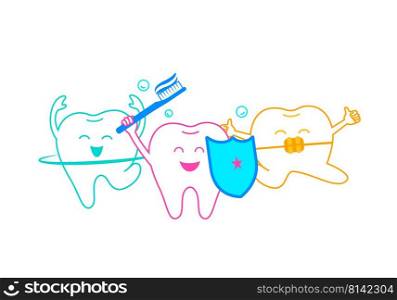Cute cartoon tooth character with dental care equipment. Care  for your teeth concept. Vector illustration.