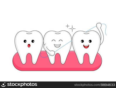 Cute cartoon tooth character with dental floss. Dental care concept. Human body part, vector illustration.