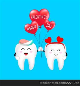Cute cartoon tooth character with heart balloon. Bright smile for Valentine’s concept. Illustration.