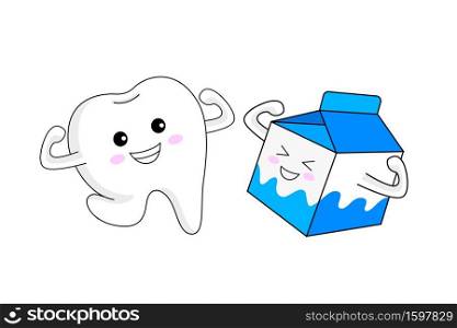 Cute cartoon tooth character with milk. Dental care concept. Vector illustration.