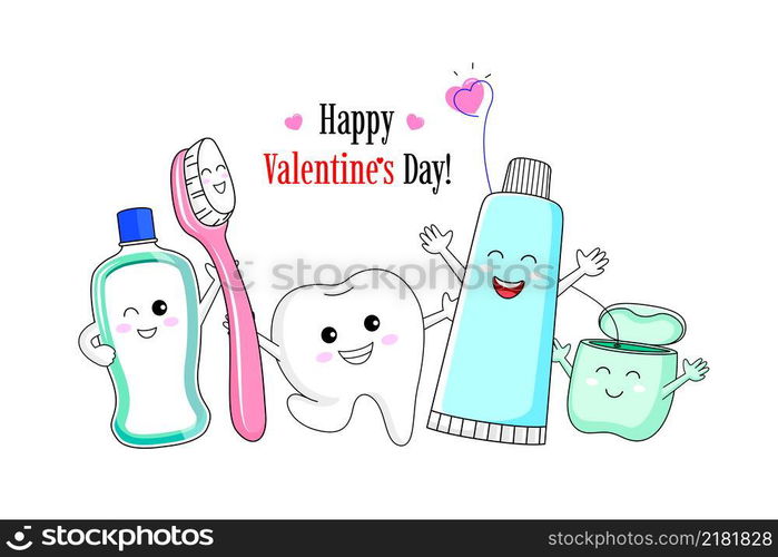 Cute Cartoon Tooth Character With Mouthwash Toothbrush Toothpaste And Dental Floss Dental 