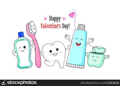 Cute cartoon tooth character with mouthwash, toothbrush, toothpaste and dental floss. Dental care concept. Vector illustration.