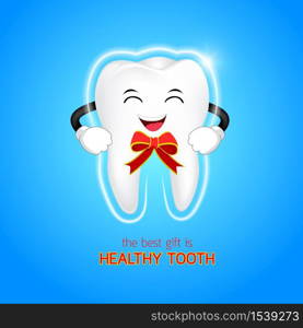 Cute cartoon tooth character with ribbon. The best gift is Healthy tooth concept. Illustration isolated on blue background.