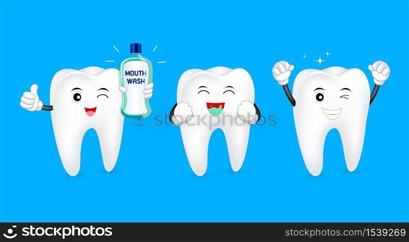Cute cartoon tooth character with three step of using mouthwash. Dental care concept. Illustration isolated on blue background.