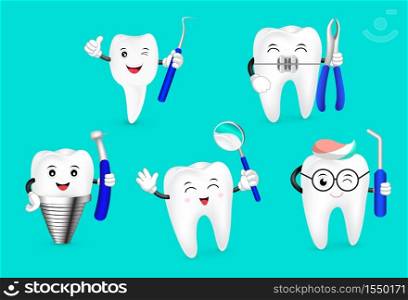 Cute cartoon tooth happily with dental tool. Dental care concept. Illustration isolated on green background.