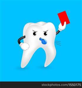 Cute cartoon tooth referee giving red card. Dental care concept. Sport character design. Illustration isolated on blue background.