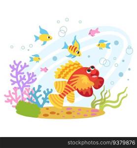 Cute cartoon tropical fantasy fishes. Vector cartoon isolated illustration in flat style. White background. For print, design, poster, sticker, card, decoration and t shirt design. Cute cartoon tropical fantasy fishes vector illustration