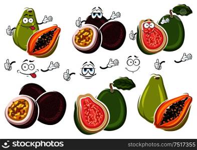 Cute cartoon tropical guava, flavorful papaya and purple passion fruit characters. Exotic fruits for fresh juice and cocktail menu or agriculture harvest design usage. Exotic cartoon guava, passion fruit, papaya fruits