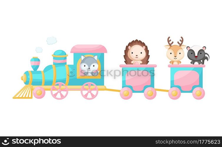 Cute cartoon turquoise train with woodland animals on white background. Design for childrens book, greeting card, baby shower, party invitation, wall decor. Vector illustration.