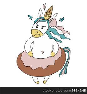 Cute cartoon unicorn. Color vector illustration. depicting the emotion of anger. White background.. Cute cartoon unicorn. Color vector illustration. depicting the emotion of anger. White background
