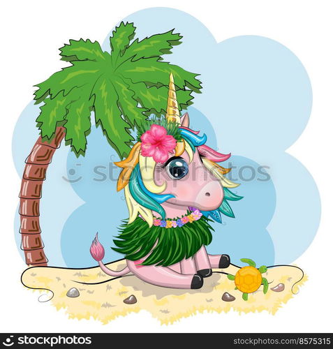 Cute cartoon unicorn dressed as a hula dancer, Hawaii, ready to go ...