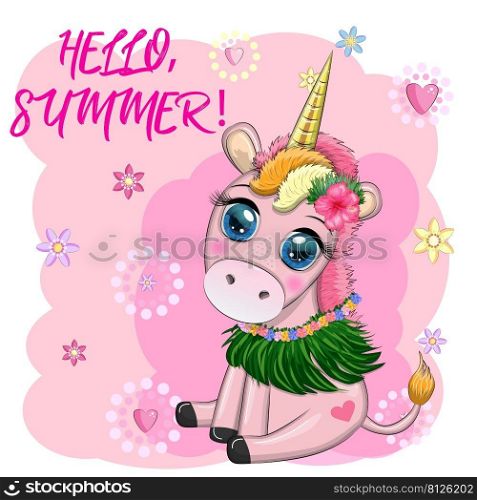 Cute cartoon unicorn dressed as a hula dancer, Hawaii, ready to go character. Summer. Cute cartoon unicorn dressed as a hula dancer, Hawaii, ready to go character. Summer, sea, palm trees, beach.