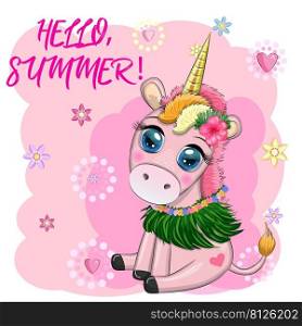 Cute cartoon unicorn dressed as a hula dancer, Hawaii, ready to go character. Summer. Cute cartoon unicorn dressed as a hula dancer, Hawaii, ready to go character. Summer, sea, palm trees, beach.