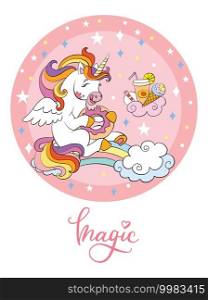 Cute cartoon unicorn eating a donut in circle. Vector isolated poster illustration. For postcard, posters, nursery design, greeting card, stickers, room decor, nursery t-shirt,kids apparel, invitation. Rainbow cartoon unicorn vector illustration pink circle