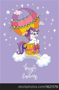 Cute cartoon unicorn flying in a hot air balloon. Vector vertical illustration isolated on purple. Birthday, party concept. For sticker, embroidery, design, decoration, print,t-shirt,dishes and poster. Cartoon unicorn vector illustration hot air balloon