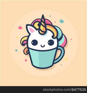 Cute cartoon unicorn horse coffee cup logo, vector illustration