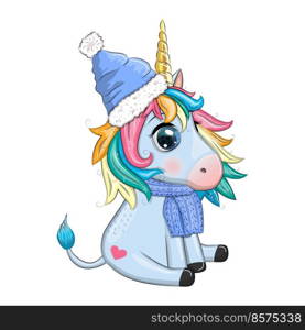 Cute cartoon unicorn in a hat and scarf, winter. New Year and Christmas holiday. Cute cartoon unicorn in santa hat with gift, christmas ball, candy kane. New Year and Christmas holiday