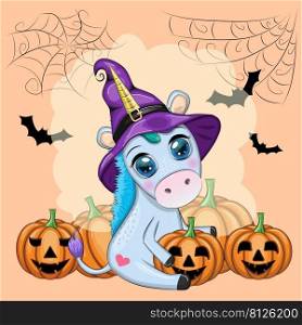 Cute cartoon unicorn in purple witch hat, with pumpkins, potion or broom, Halloween holiday character, banner. Cute cartoon unicorn in purple witch hat, with pumpkins, potion or broom, Halloween holiday character