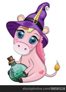 Cute cartoon unicorn in purple witch hat, with pumpkins, potion or broom, Halloween holiday character, banner. Cute cartoon unicorn in purple witch hat, with pumpkins, potion or broom, Halloween holiday character